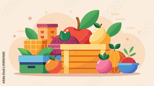 Fruits in a basket and boxes vector svg