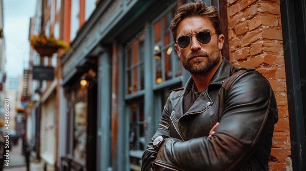 portrait of a man in a leather jacket leans against a wall on the side of the road. portrait of a man in a leather jacket leans against a wall on the side of the road.