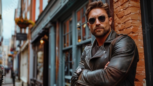 portrait of a man in a leather jacket leans against a wall on the side of the road.