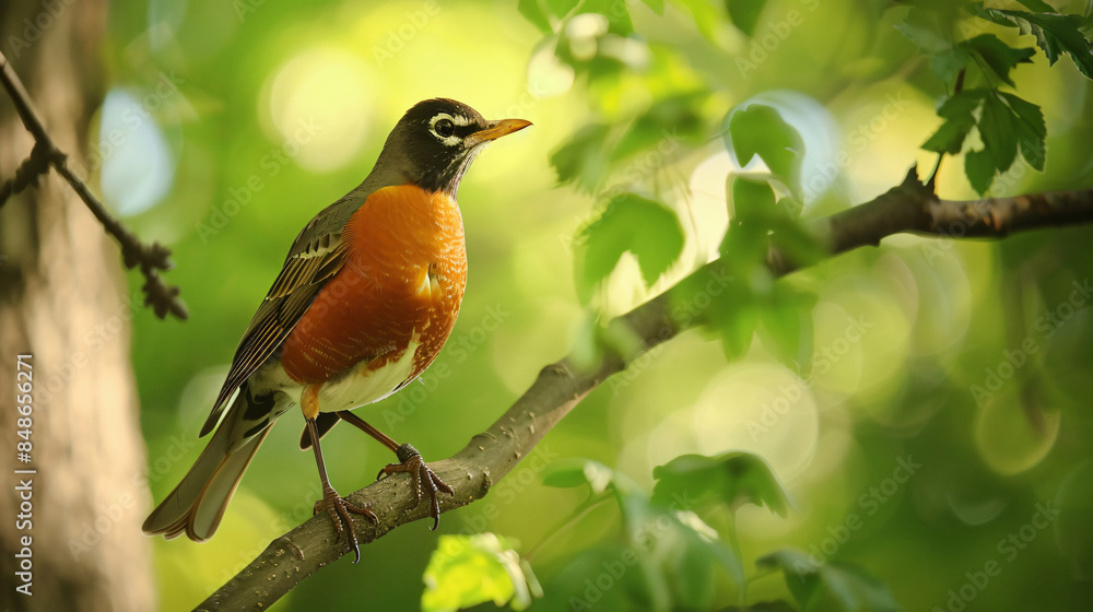 Fototapeta premium American robin perched on a branch with copy space text. Perfect for nature-themed projects, or to represent spring and new beginnings.