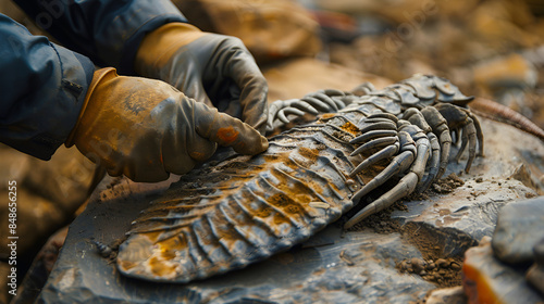 Scientists pick up trilobite fossil find from ground, Generative Ai photo