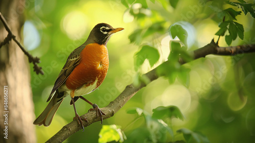 American robin perched on a branch with copy space text. Perfect for nature-themed projects, or to represent spring and new beginnings.