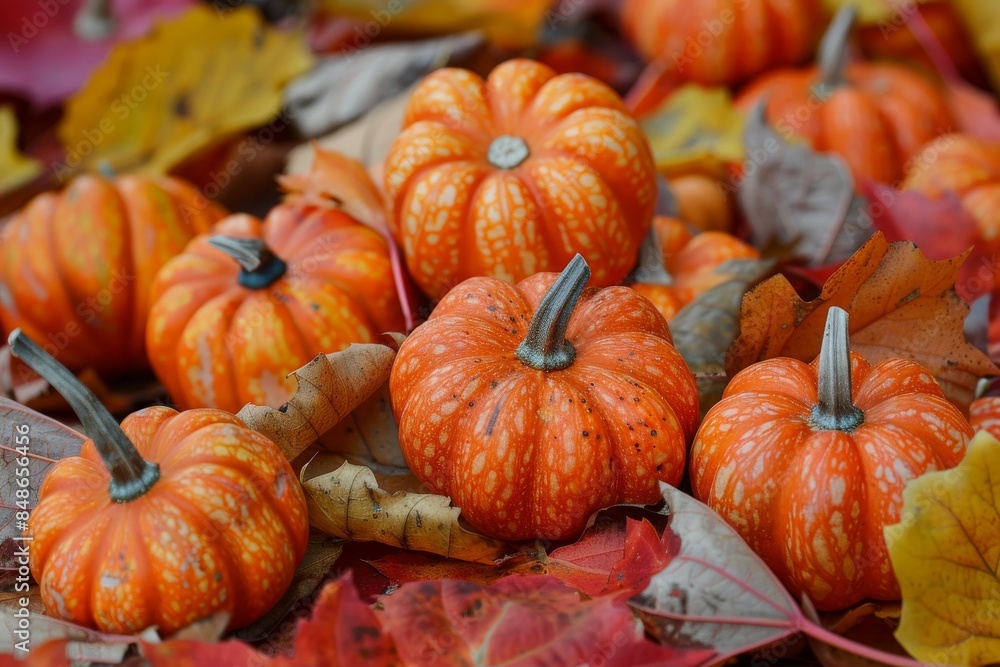 Autumn leaves and pumpkins: A group of small pumpkins and colorful autumn leaves scattered on a table.