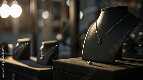 Diamond necklace on a display stand with copy space text. Perfect for jewelry stores, or to represent luxury and elegance.