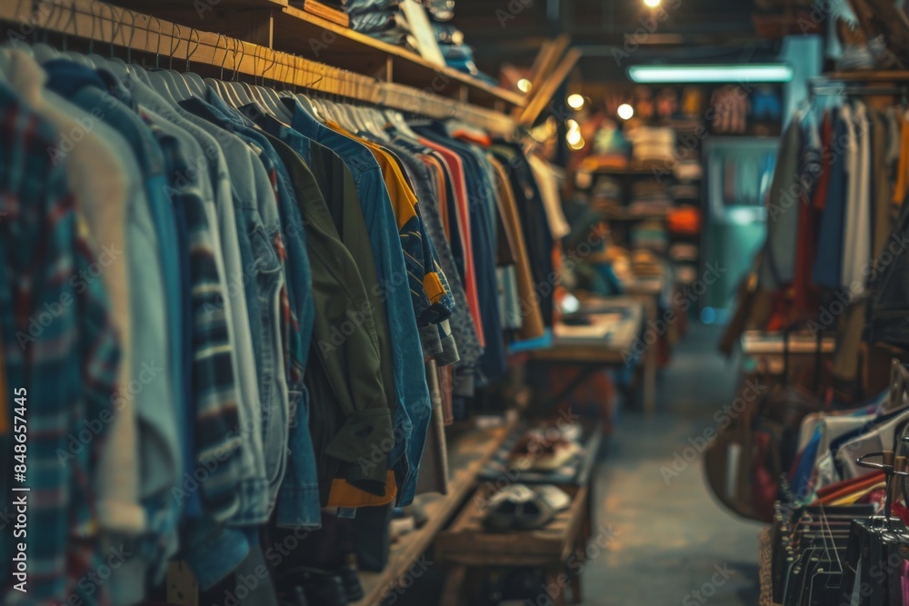 European secondhand. Store with clothes and books organized on shelves for customers European secondhand. Store with clothes and books organized on shelves for customers
