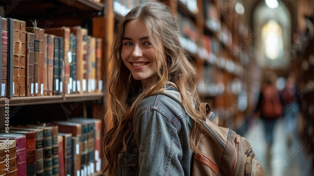 A young child gazes up at a bookshelf, filled with vibrant books, in a well-lit school library, with plenty of copy space to the side A young child gazes up at a bookshelf, filled with vibrant books, in a well-lit school library, with plenty of copy space to the side