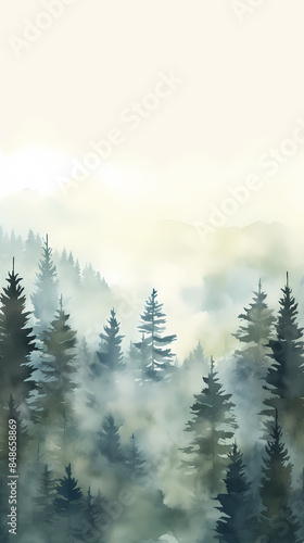 Watercolor green pine forest with foggy mountains in the background
