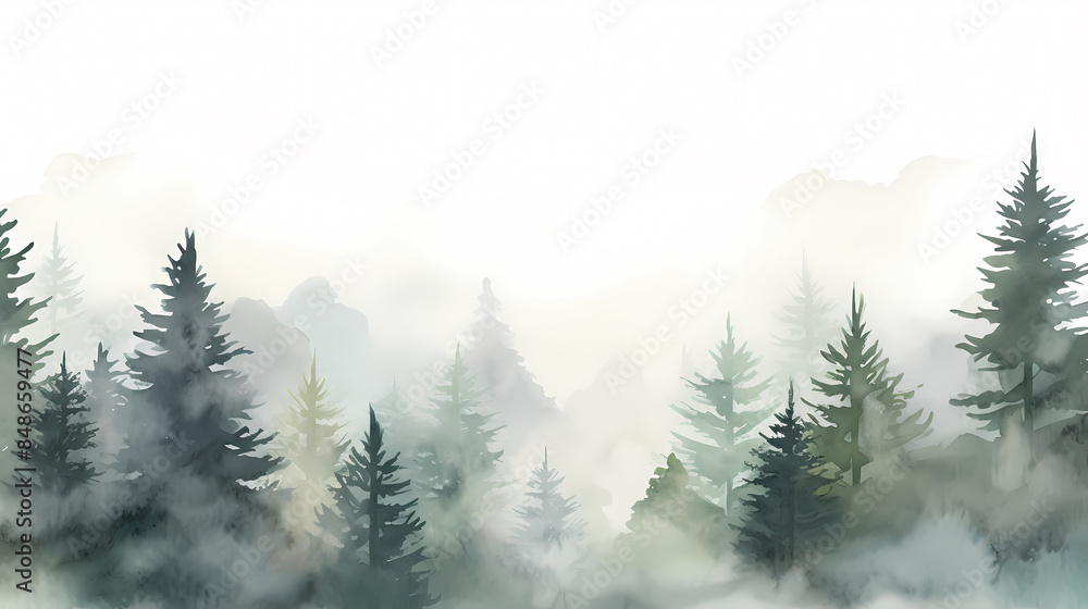 Fototapeta premium Watercolor green pine forest with foggy mountains in the background