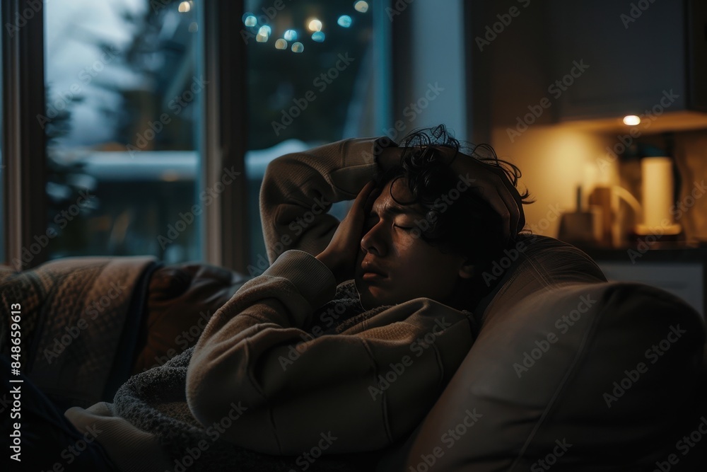 Portrait of Person in Pain on Couch with Natural Light - Muted Somber Tone Setting Portrait of Person in Pain on Couch with Natural Light - Muted Somber Tone Setting