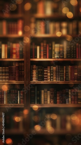 Library bookshelves: A blurred background of bookshelves filled with books. Back to school concept