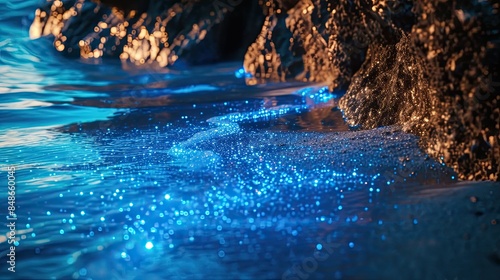some blue light coming from a beach, in the style of glittery and shiny, quantum wavetracing, glowing lights, afro-caribbean influence