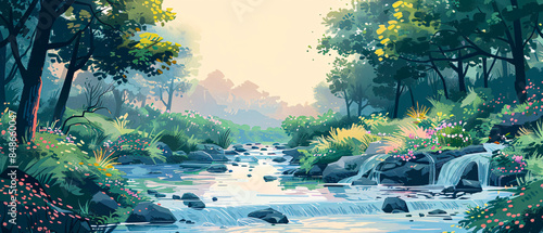 A serene forest stream flows through a lush, green landscape with vibrant flowers and trees, captured in a beautiful painting. photo