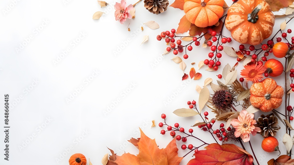 Fototapeta premium Autumn composition. Dried leaves, pumpkins, flowers, rowan berries on white background. Autumn, fall, halloween, thanksgiving day concept. Flat lay, top view, copy space. 