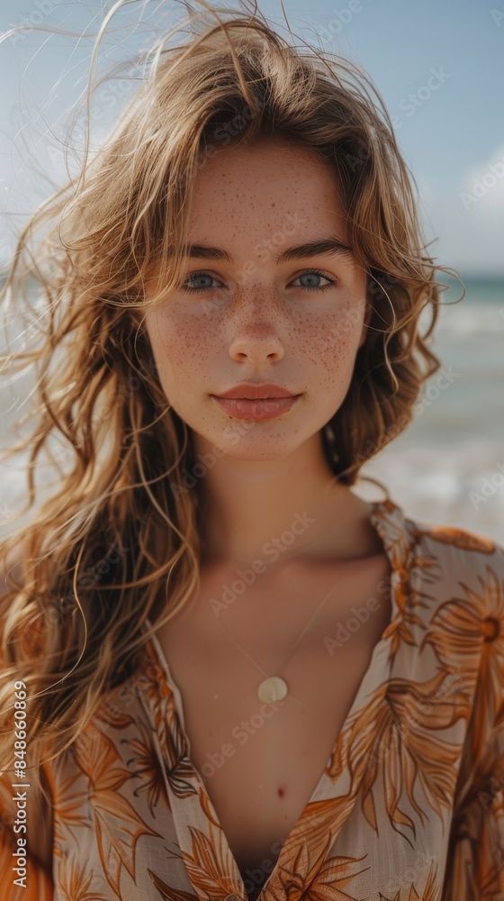 portrait of a beautiful young woman in a beautiful shirt with a neckline on the beach. Summer vacation by the sea portrait of a beautiful young woman in a beautiful shirt with a neckline on the beach. Summer vacation by the sea