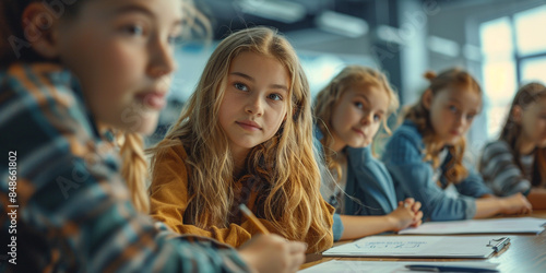 the girl in her class room and working together on a group project