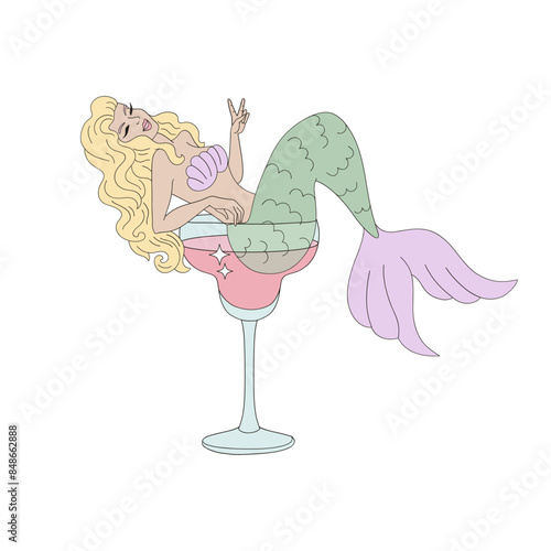 Mermaid sitting in tequilas glass vector illustration. Mermaid cocktail pre-made card 