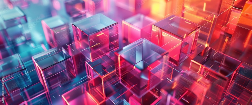 Abstract Hi-Tech Background with Rectangular Shapes and Lines: 3D Rendering of Data Flow and Geometric Forms in Bright, Realistic Colors Abstract Hi-Tech Background with Rectangular Shapes and Lines: 3D Rendering of Data Flow and Geometric Forms in Bright, Realistic Colors