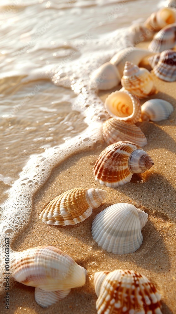 Seashells in the sand: A close-up of seashells scattered on sandy beach, with clear space for text Seashells in the sand: A close-up of seashells scattered on sandy beach, with clear space for text