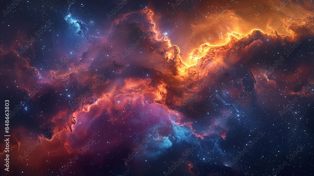 Fototapeta premium A colorful galaxy with a bright orange and blue cloud