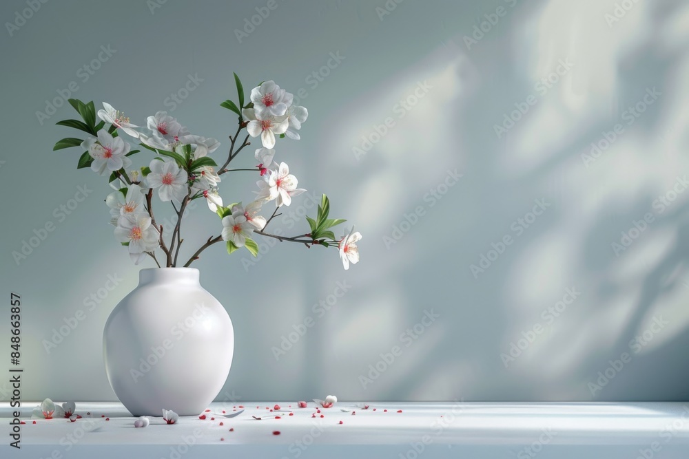 Simple still life background: A clean, white table with a single vase of fresh flowers and a few scattered petals, with ample blank space for text.
Simple still life background: A clean, white table with a single vase of fresh flowers and a few scattered petals, with ample blank space for text.