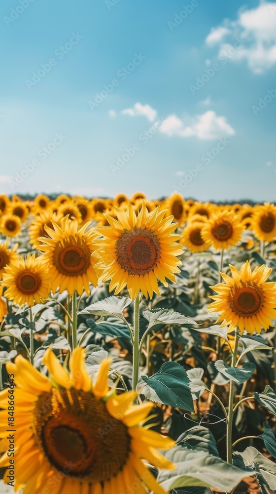 Fototapeta premium Sunflower field: A field of tall sunflowers with a bright blue sky above, leaving room for text