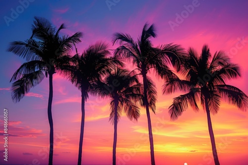 Tropical palm trees: Palm trees silhouetted against a sunset sky, with a gradient from orange to purple, leaving space for text.

