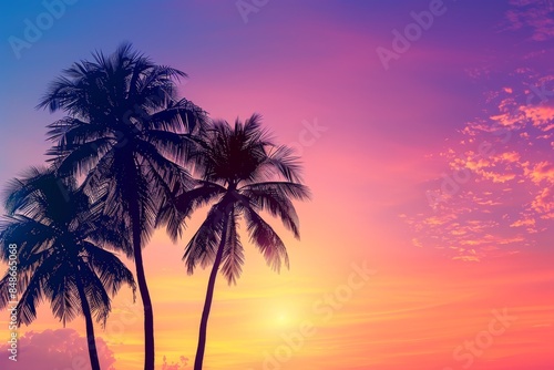 Tropical palm trees: Palm trees silhouetted against a sunset sky, with a gradient from orange to purple, leaving space for text.

