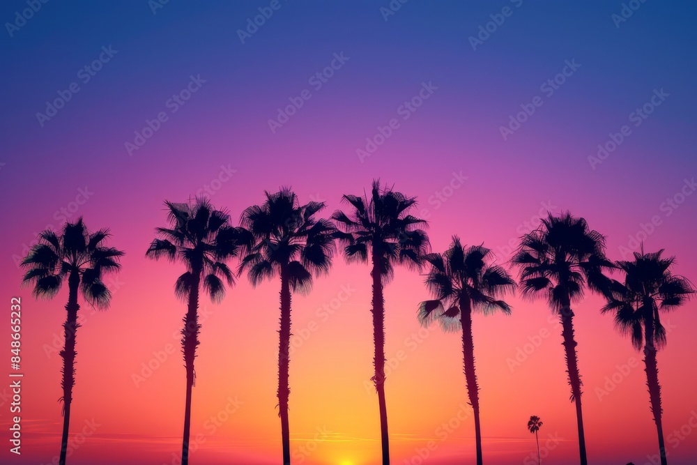 Tropical palm trees: Palm trees silhouetted against a sunset sky, with a gradient from orange to purple, leaving space for text.
Tropical palm trees: Palm trees silhouetted against a sunset sky, with a gradient from orange to purple, leaving space for text.