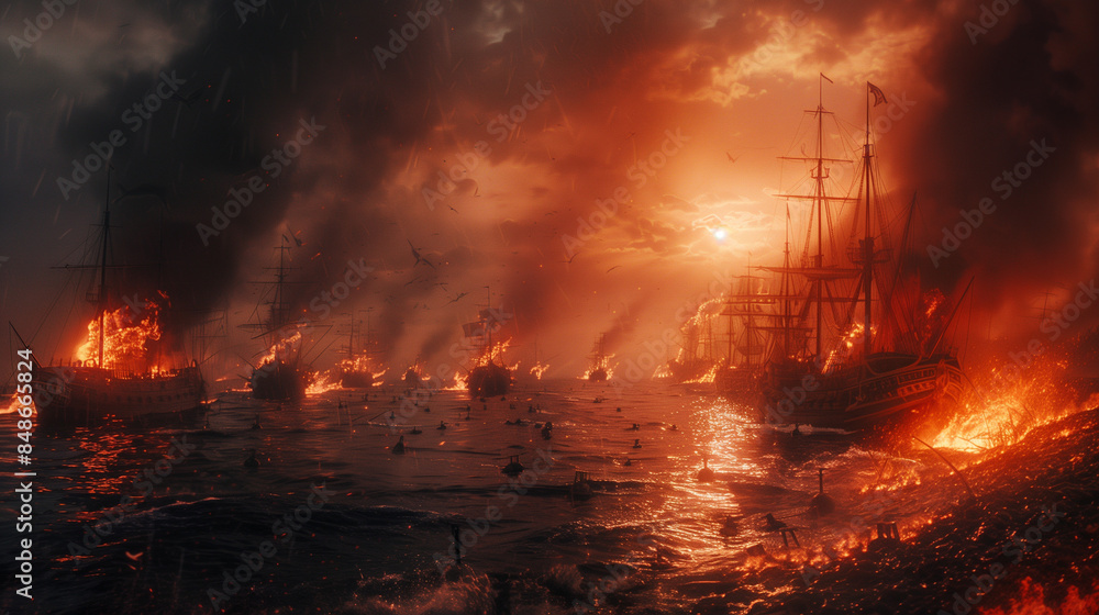 Warships engaged in a fiery naval battle at sunset. Warships engaged in a fiery naval battle at sunset.