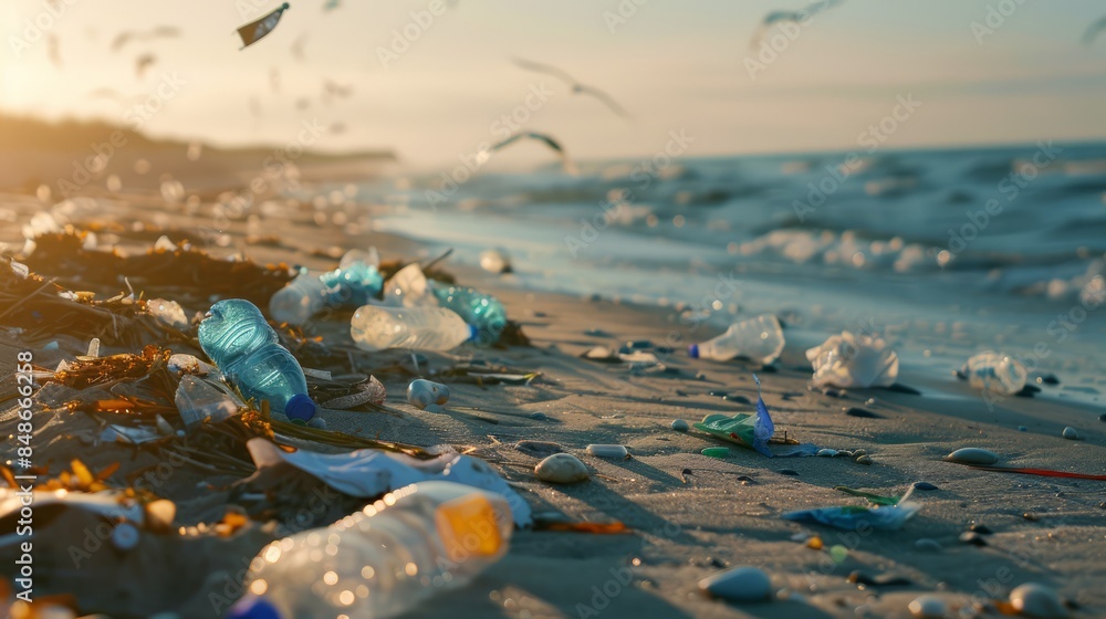 An impactful real-life image depicting the devastating effects of pollution with plastic debris covering a once-pure beach landscape An impactful real-life image depicting the devastating effects of pollution with plastic debris covering a once-pure beach landscape