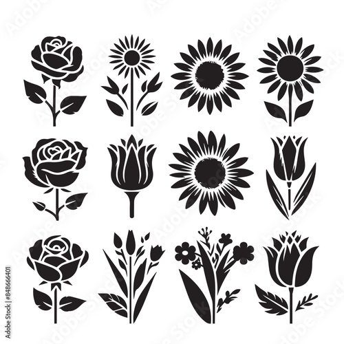 Set of black and white silhouette flowers,vector illustration silhouette icon.