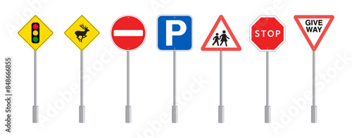 Set of Road Signs, Traffic Signs: Traffic Light Signal Ahead, Animal Crossing, No Entry, Car Parking, School Crossing, Stop and Give Way Ahead Symbol. Vector.