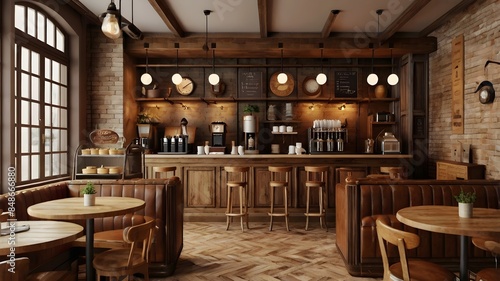 Interior design of cafe with wooden vintage style, decorated with warm and cozy tones, relaxing tones with classic old wood round corner counter and coffee machinery.