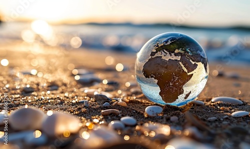 Earth globe in nature, wild life, ecology, tiny planet, forest, moss, earth ball on the ground, dirt, protecting the earth, plant a tree, back to nature, CSR, human impact on, Generative AI 