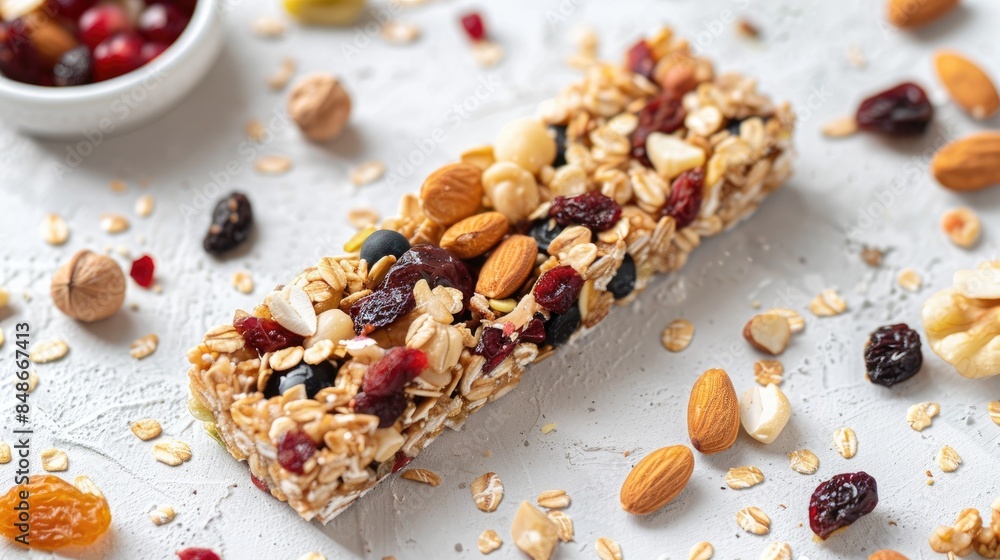Organic granola cereal bar with nuts and dried fruit made at home displayed on a white surface Organic granola cereal bar with nuts and dried fruit made at home displayed on a white surface