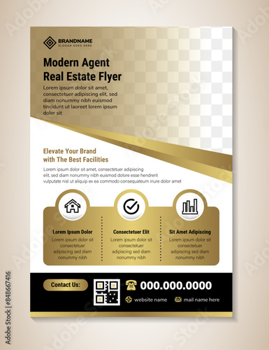 modern agent Real Estate dark flyer design template. vector illustration with space for photo. gold gradient combine with black colors on element. white background with vertical layout.