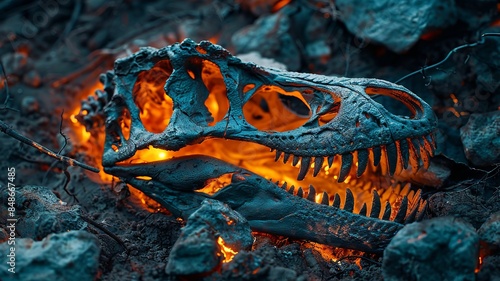 Dinosaur Skull in Flames: A Glowing Remnant of the Past