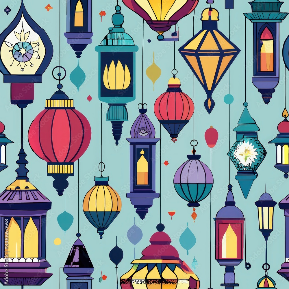 Seamless pattern of Moroccan-inspired lanterns and hanging lamps, Generative AI Seamless pattern of Moroccan-inspired lanterns and hanging lamps, Generative AI