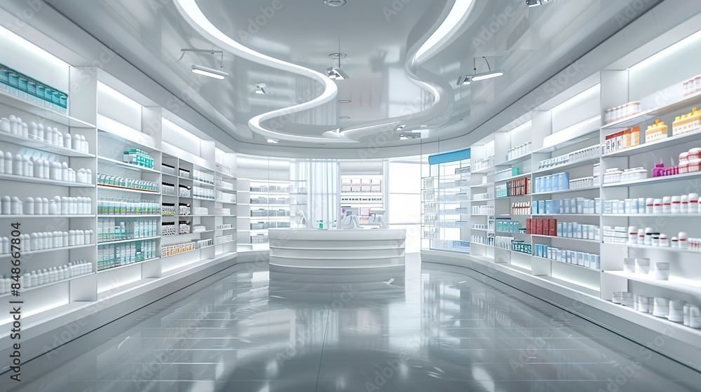 Obraz premium Interior of empty modern pharmacy, Pharmacy shop background. copy space for text.