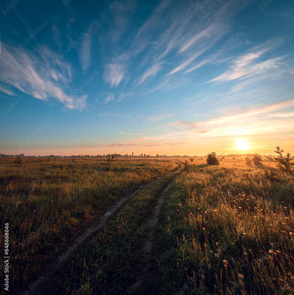 Obraz premium Rural road in a field against the backdrop of a summer sunset or sunrise.