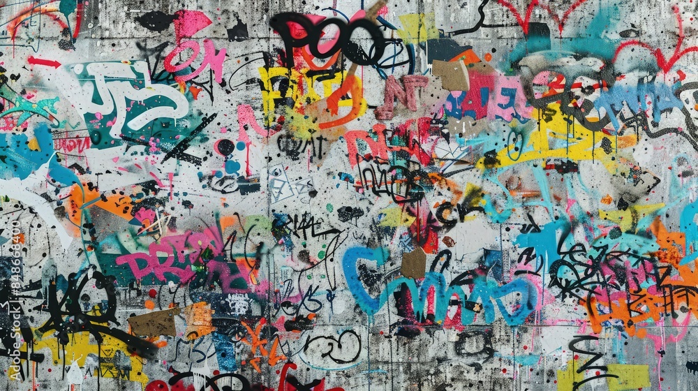 A concrete wall covered in a chaotic mix of abstract graffiti tags, smears, and strokes in a rich variety of colors, each layer adding depth and intensity to the texture. A concrete wall covered in a chaotic mix of abstract graffiti tags, smears, and strokes in a rich variety of colors, each layer adding depth and intensity to the texture.
