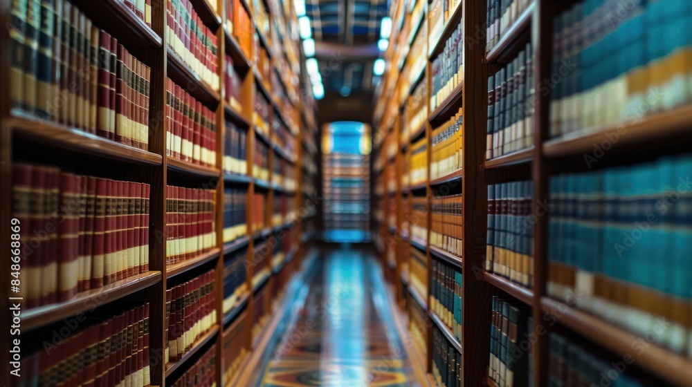 Rows and shelves filled with books in the law library, creating an atmosphere for deep study or research. Rows and shelves filled with books in the law library, creating an atmosphere for deep study or research.