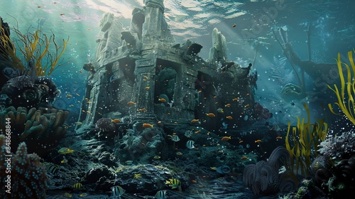 Detailed view of a submerged stone structure, possibly part of a lost civilization, covered in marine life.  photo
