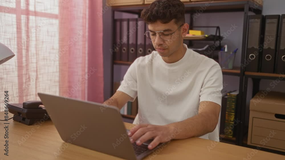 Young hispanic man working on a laptop in an indoor office setting with shelves in the background. Young hispanic man working on a laptop in an indoor office setting with shelves in the background.