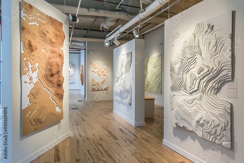 A gallery space dedicated to exhibiting a series of large, abstract topographical maps, each canvas exploring different terrain using textured materials.  photo