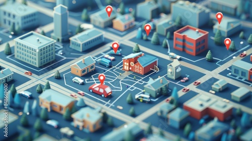 3D vector city map with emergency response features, including shelters, evacuation paths, and marked locations