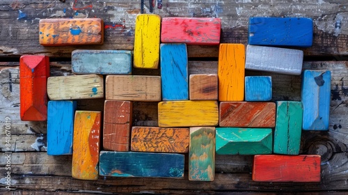 An artistic arrangement of colorful dominoes, forming a geometric pattern on an aged wooden tabletop, awaiting the first push photo