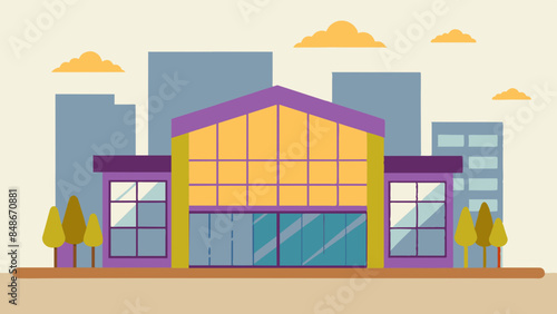 A modern building with a large glass window, showcasing contemporary architecture. Illustration of a contemporary structure with a spacious glass window, representing modernity.