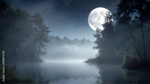 Foggy night landscape with a lake, trees and full moon 