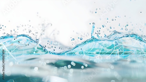 Fresh Blue Water Splash with Bubbles and Drops on White Background